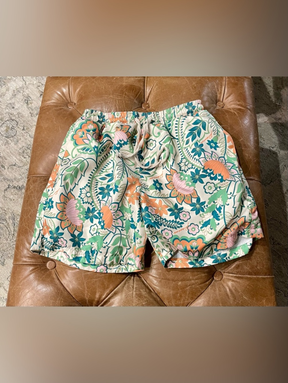 Reason Tropical Print Drawstring Shorts in Teal, Peach & Mint